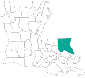 State map showing Louisiana parishes included in 2019 Peoples Health Choices 65 #14-2 Northshore HMO plan