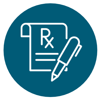Dark blue circle with a prescription icon inside
