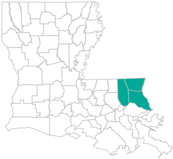 Image of the state of Louisiana with all of the applicable Choices 65 #14 for Northshore parishes highlighted teal