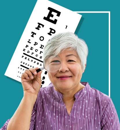 Woman holding a magnifying glass, eye chart in the background
