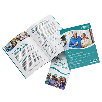 Choices 65 Infokit image with Quick Guide front cover, a few pages of the guide and the Get Ready for Medicare booklet